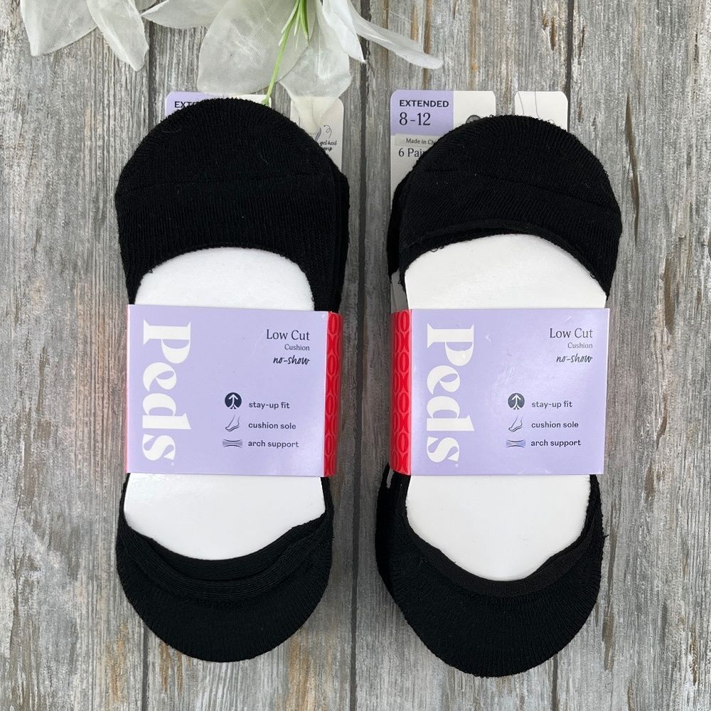 PEDS Low Cut Cushion Liner Socks Black 2, 6-Packs Size 8-12